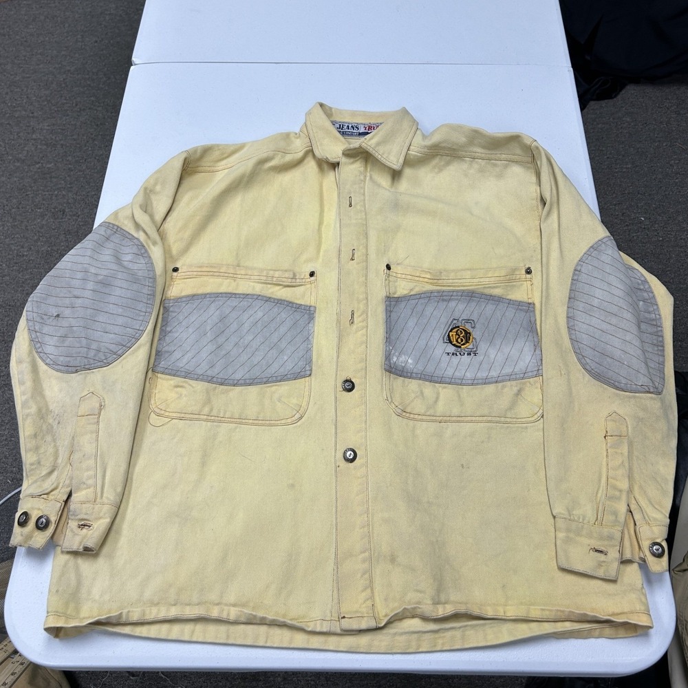 Trust Jeans Denim Shirt Mens XL Yellow Vintage Utility Workwear Elbow Patches